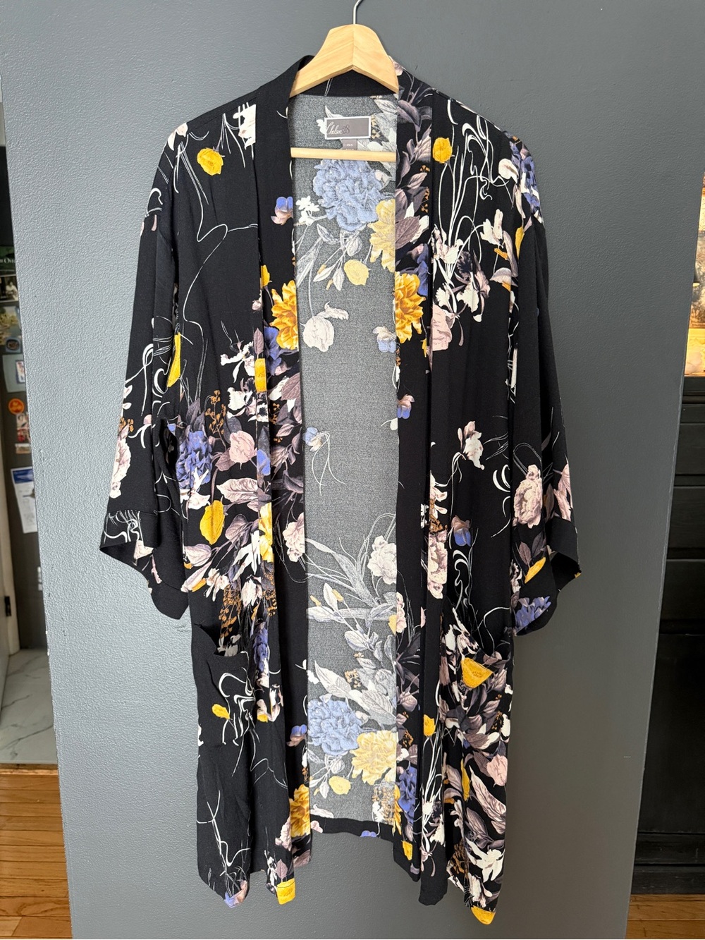 Chelsea28 Black Floral Open-Front Kimono with Yellow & Lavender Accents